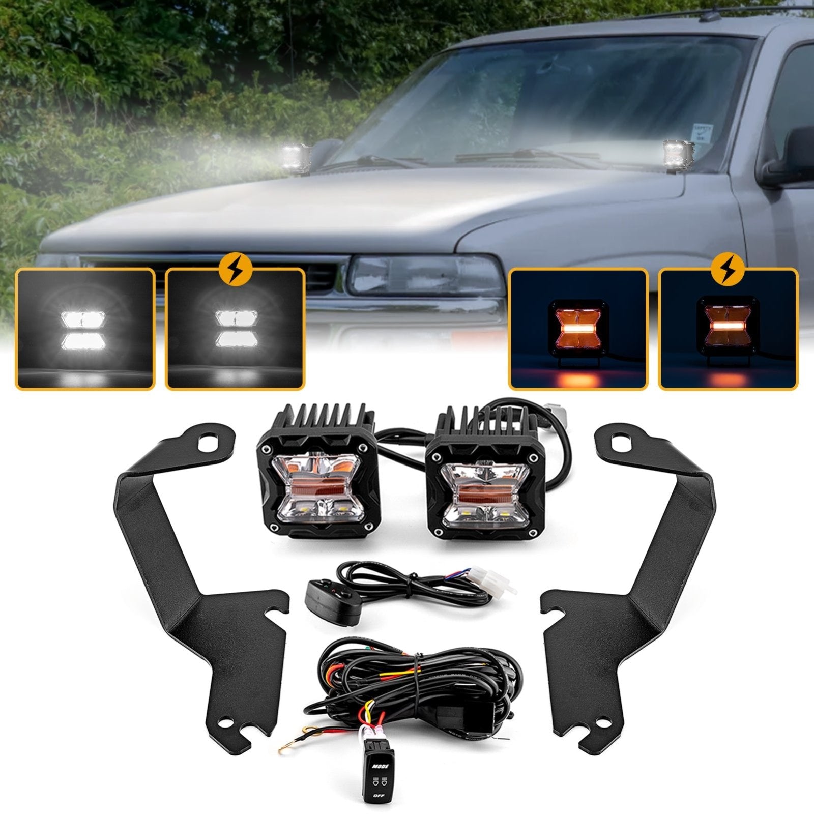 1999-2006 Chevrolet Silverado 1500/1500HD Hood Hinge 3" White & Amber Strobe LED Ditch Light Pod Kit 1999-2006 Chevrolet Silverado 1500/1500HD Hood Hinge 3" White & Amber Strobe LED Ditch Light Pod Kit
