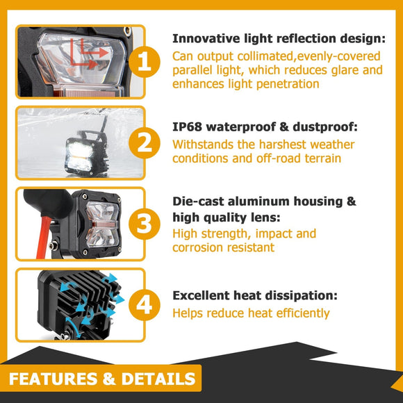 2005 - 2015 Toyota Tacoma Hood Hinge 3" White & Amber Strobe LED Ditch Light Pod Kit - WeiSen - 70104006+70201007