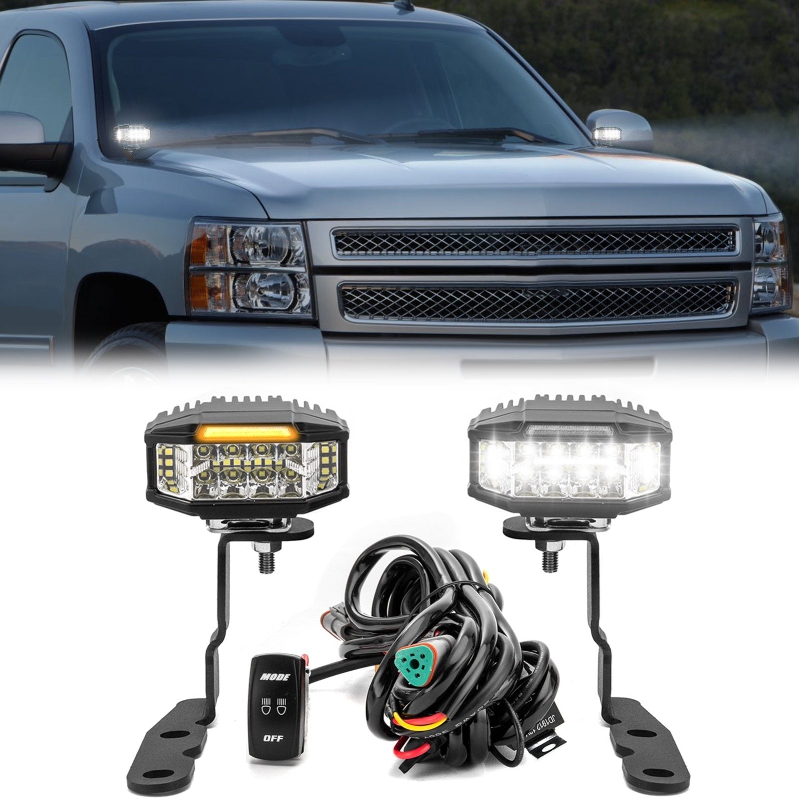 2007-2014 Chevrolet Silverado 2500HD/3500HD White&Amber Strobe 3.5 Inch LED Hood Hinge Ditch Light Pods w/ Wiring Harness Kit