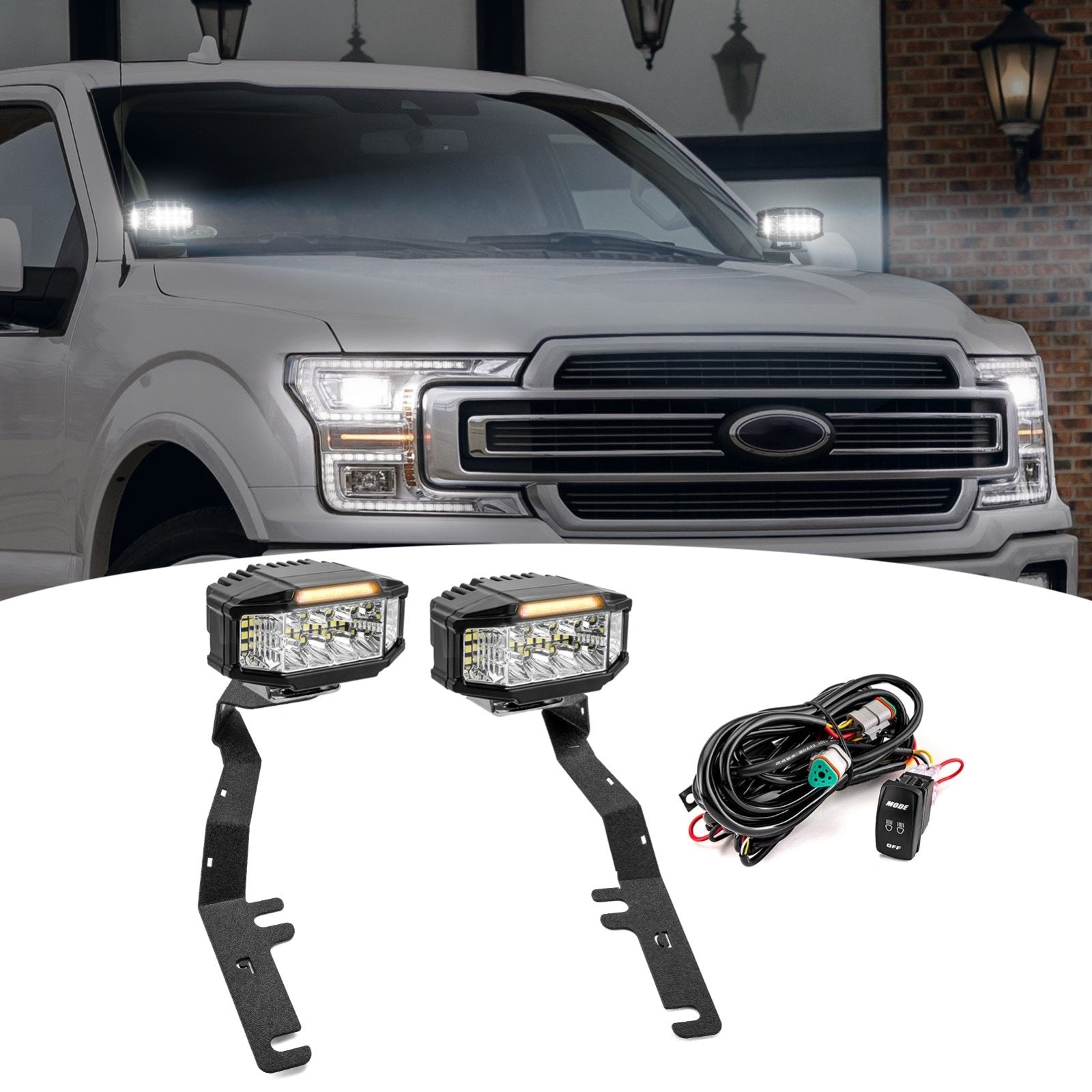 2015-2020 Ford F150 White&Amber Strobe 3.5 Inch LED Hood Hinge Ditch Light Pods w/ Wiring Harness Kit