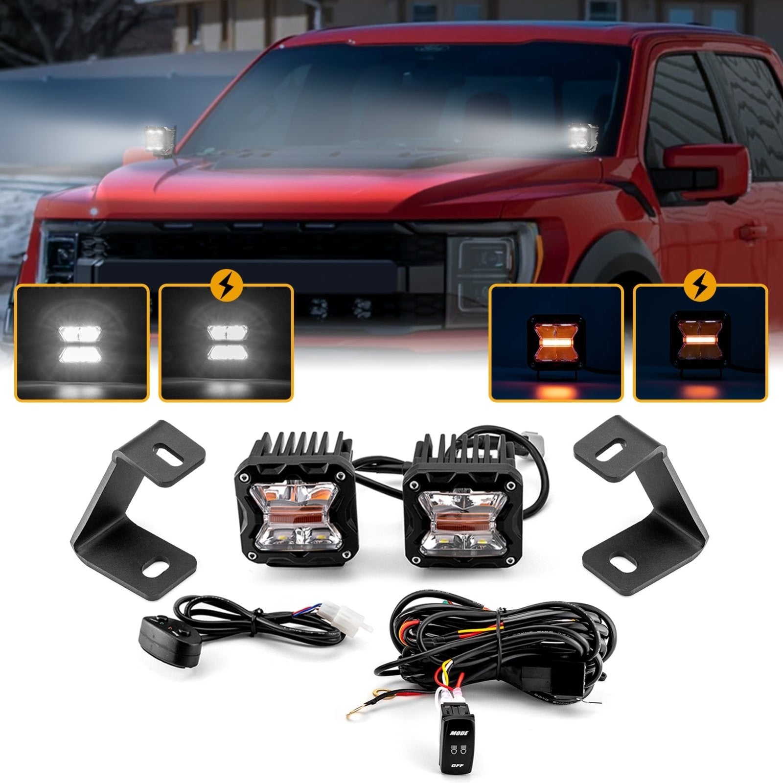 2017-2023 Ford F-150 /F150 Raptor Hood Hinge 3" White & Amber Strobe LED Ditch Light Pod Kit 2017-2023 Ford F-150 /F150 Raptor Hood Hinge 3" White & Amber Strobe LED Ditch Light Pod Kit