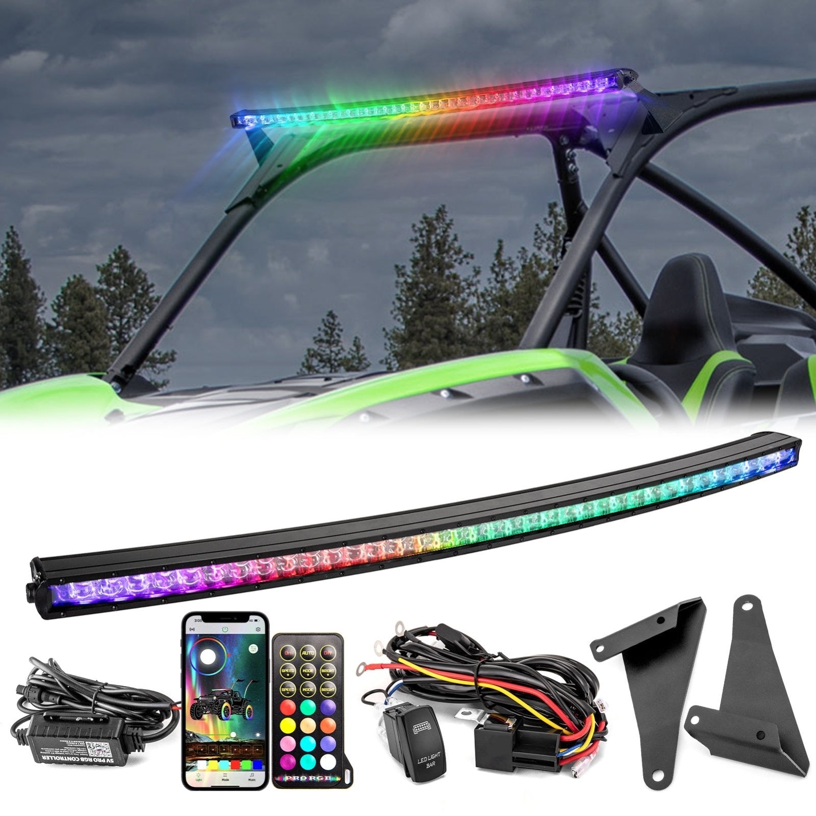 SI 42" Curved Light Bar Mount & Wire Kit For 2020-2025 Kawasaki Teryx KRX 1000 Roof