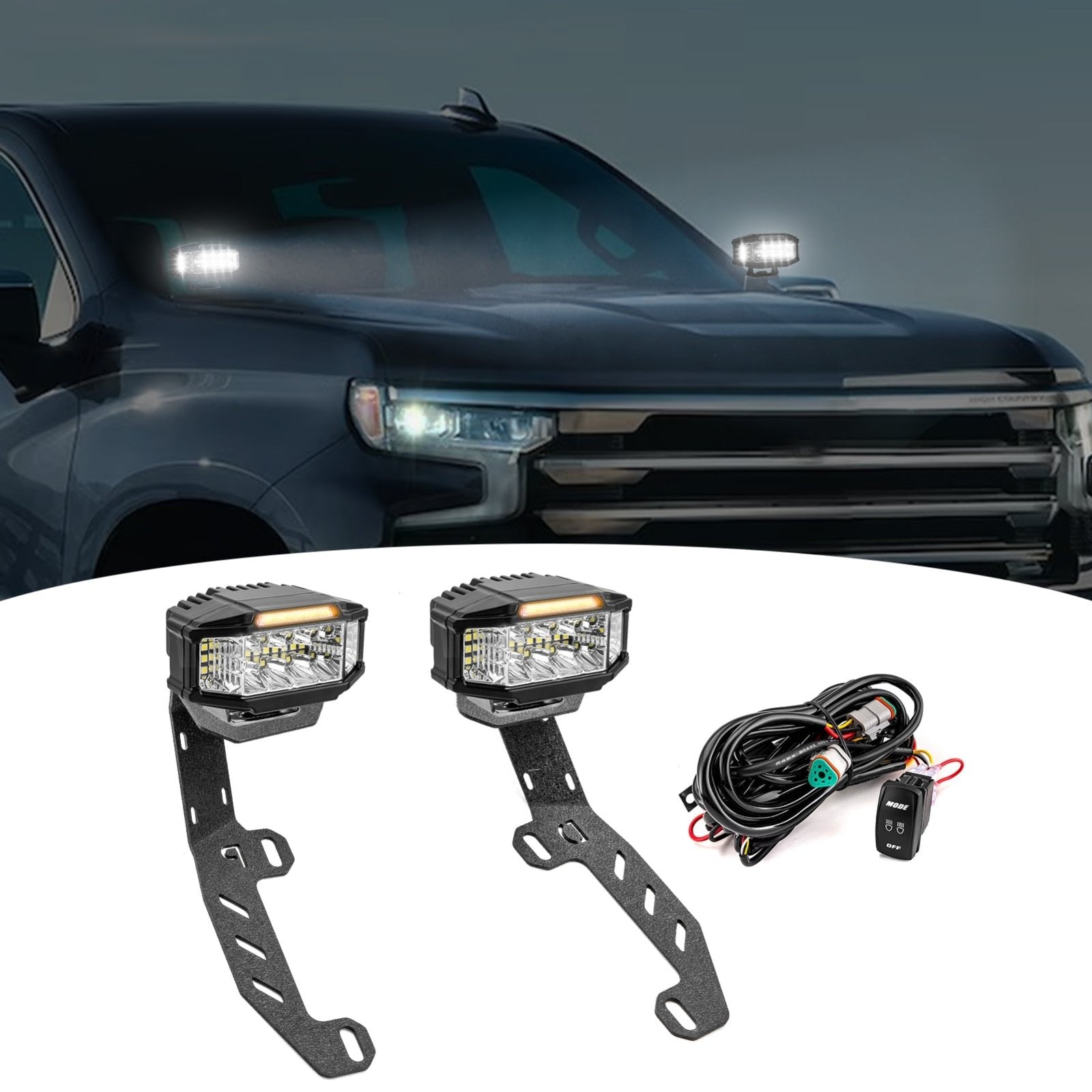 2022-2026 Chevy Silverado 1500 & GMC 1500 White&Amber Strobe 3.5 Inch LED Hood Hinge Ditch Light Pods w/ Wiring Harness Kit
