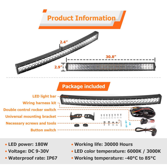 2022 - 2024 RZR Pro R 4 / Pro R Spot Flood Strobe Amber White 32" Dual Row Curved 180w LED Light Bar Kit - WeiSen - 80101029+70202019