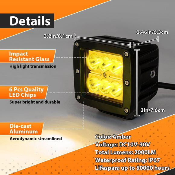2Pcs Amber Spot Beam 3" LED Work Light Pods Universal for Off - road Pickup Truck SUV UTV Boat - Weisen