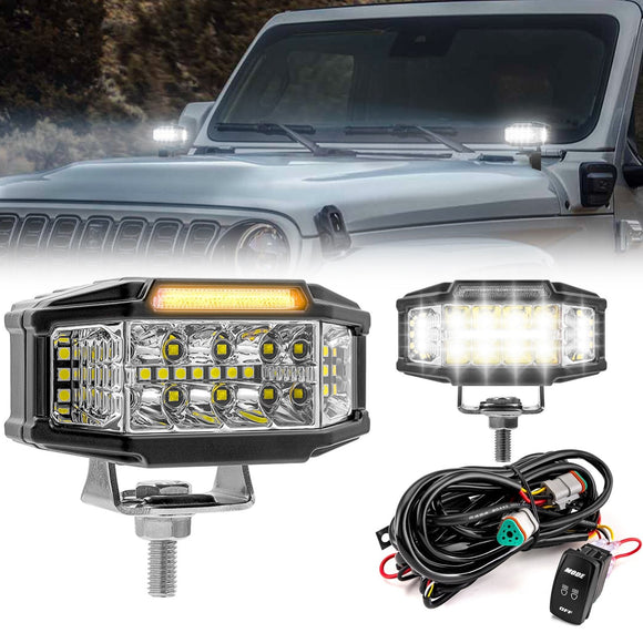 3.5" White & Amber Strobe LED Light Pods W/ Wiring Harness Kit for Pickups, Trucks, SUVs, UTVs, ATVs - WeiSen - 70201013