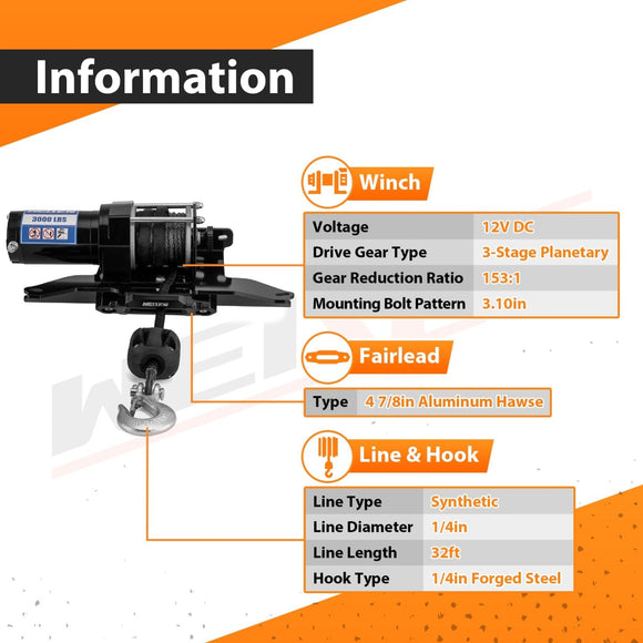ATV 3000lb 12V Electric Winch Kit for 2005 - 2024 Brute Force 750 4x4 4x4i 4x4i EPS & 2005 - 2014 Kawasaki Brute Force 650 4x4 - WeiSen - 80310041