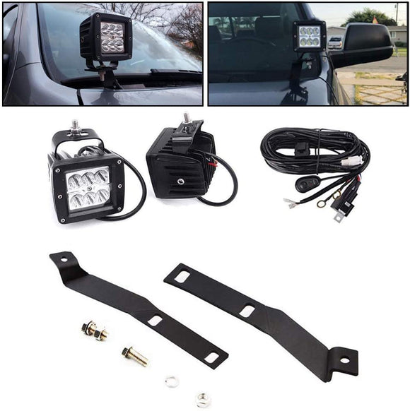 2007 - 2021 Toyota Tundra Low Profile Brackets Upper Hood Ditch Side Mount w/2 x 18W 3" LED Work Lights & Wiring Kit - WeiSen - ZT080+LED001+WI001