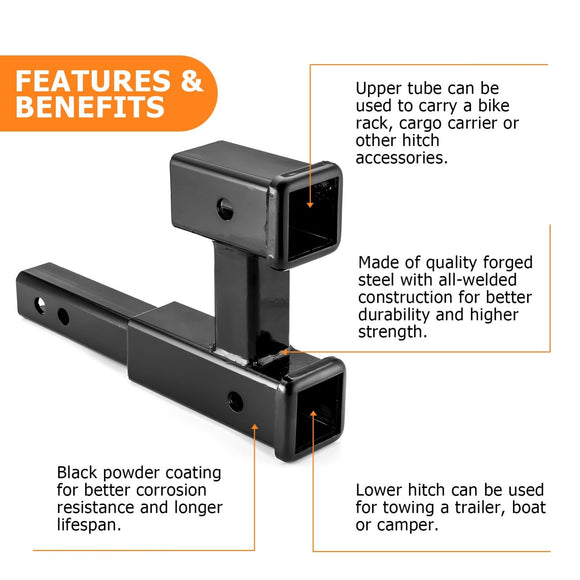 2" Rear Dual Receiver Trailer Towing Hitch Extension Fit All 2" Square Receivers Hitch Tube - WeiSen - 70108002