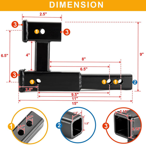 2" Rear Dual Receiver Trailer Towing Hitch Extension Fit All 2" Square Receivers Hitch Tube - WeiSen - 70108002