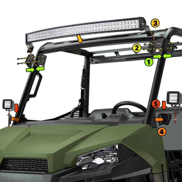2013 - 2024 Polaris Ranger 570 900 Roof 50" LED Light Bar + Mounting Brackets + A Pillar Fog Pod Kit - Weisen - ZT088 - A+LED010+WI002+ZT095+LED001+WI005 - A