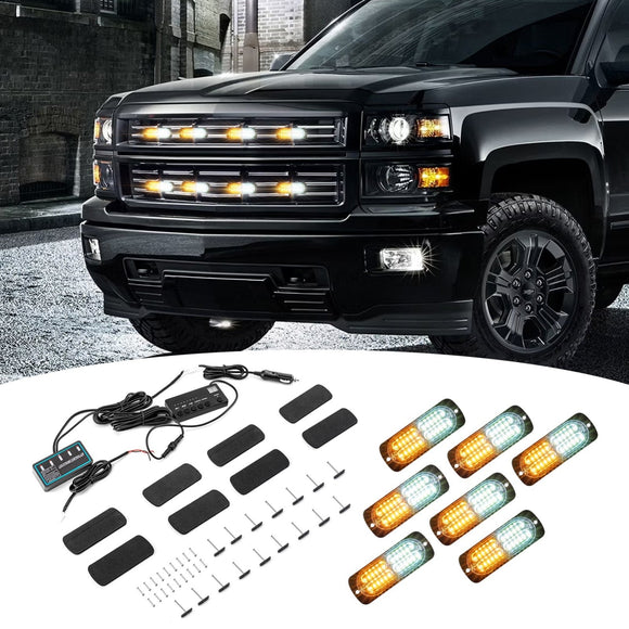 8PCS Universal Surface Mount Dual Row 24LEDs Amber White Emergency Hazard Warning Strobe Lights Kit - WeiSen - 70207002