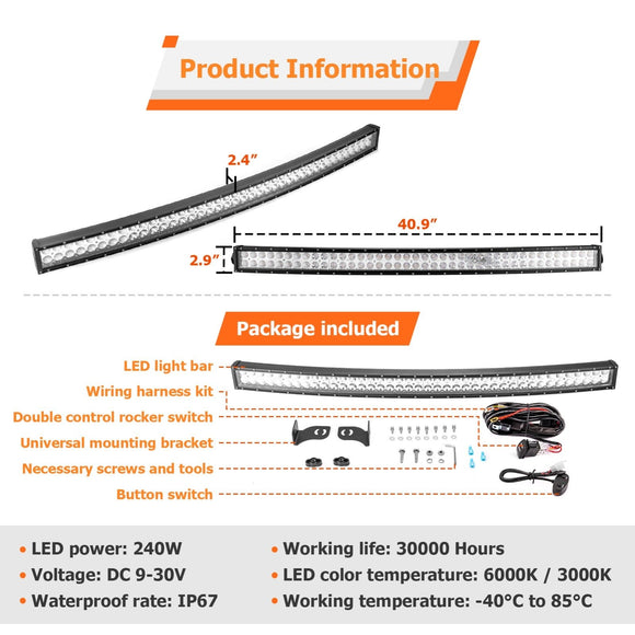 Jeep Ford Toyota UTV ATV 42" Dual Rows Curved LED Light Bar W/ Wiring Harness Kit | Amber White & Strobe Modes - WeiSen - 70202020