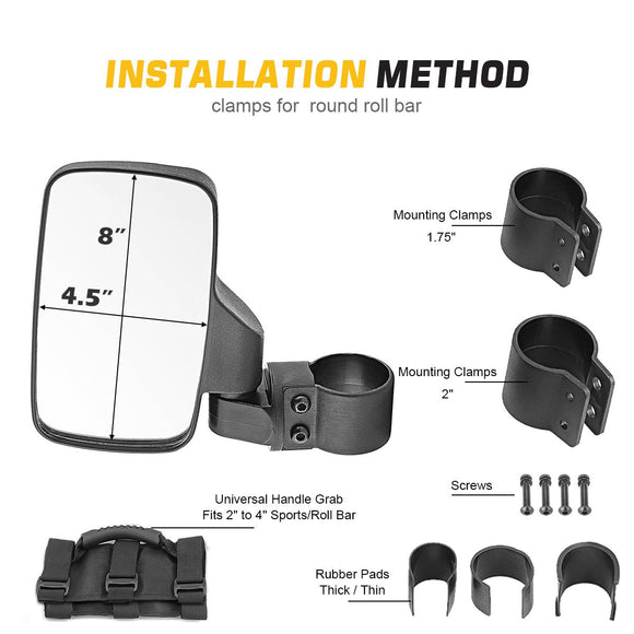 Polaris RZR XP 1000 900 570 800 Roll Bar Cage Rear View Mirrors w/ Grips - WeiSen - ZT035