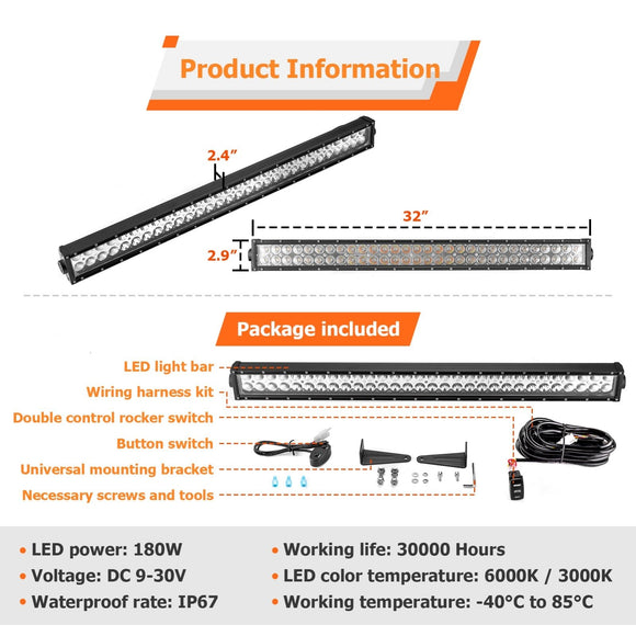 UTV ATV Pickup Truck Amber White 32" Dual Rows Straight LED Light Bar W/ Memory Function Wiring Harness Rocker Switch | Strobe Modes - WeiSen - 70202018