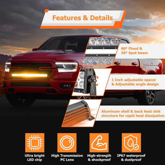 UTV ATV Pickup Truck Amber White 32" Dual Rows Straight LED Light Bar W/ Memory Function Wiring Harness Rocker Switch | Strobe Modes - WeiSen - 70202018