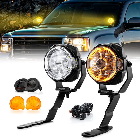 For 2007-2013 Silverado/Sierra 1500 2500 3500 Hood Hinge Ditch LED Pod Lights 3.5" – 3-Layer DRL, 6 Modes, DT Harness