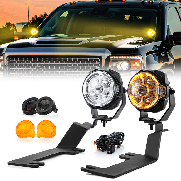 For 2015-2019  GMC Sierra / Chevrolet Silverado 2500HD 3500HD Hood Hinge Ditch LED Pod Lights 3.5" – 3-Layer DRL, 6 Modes, DT Harness