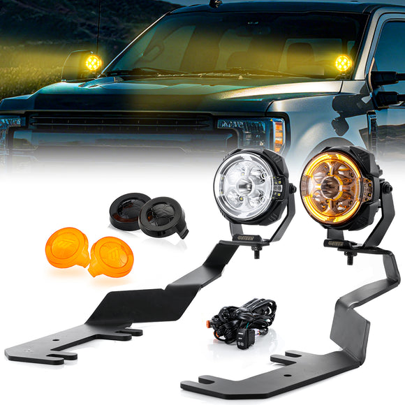 For 2017-2022 Ford F-250 F-350 F-450 F-550 Super Duty Hood Hinge Ditch LED Pod Lights 3.5" – 3-Layer DRL, 6 Modes, DT Harness