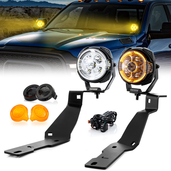 For 2019-2026 Dodge Ram 2500 3500 Hood Hinge Ditch LED Pod Lights 3.5" – 3-Layer DRL, 6 Modes, DT Harness