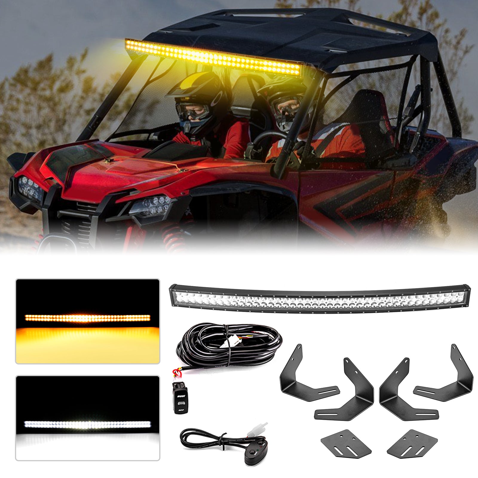 2019-2024 Honda Talon 1000X/1000R Roof 42" White&Amber Dual Rows Curved LED Light Bbar Bracket Set