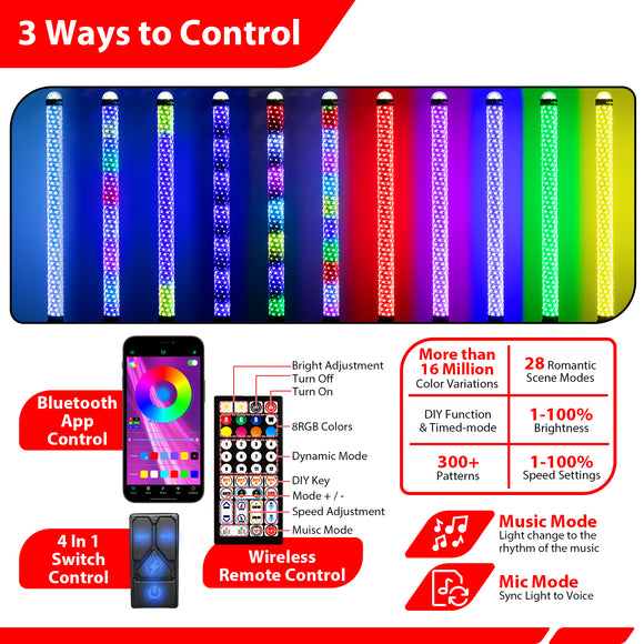 2Pcs 2FT Fat RGB Whip Lights with Top Strobe | Chasing Turn Signal Brake Reverse Light | Fit UTVs, ATVs, SUVs, RVs, Trailers, Golf Carts, Trucks