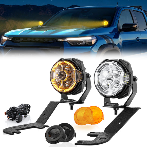 For 2023-2026 Chevrolet Colorado & GMC Canyon Hood Hinge Ditch LED Pod Lights 3.5" – 3-Layer DRL, 6 Modes, DT Harness