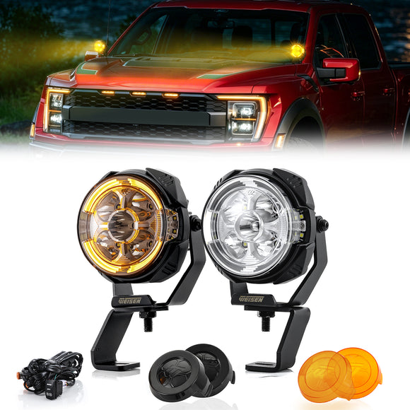 For 2017-2023 Ford F-150 / F150 Raptor Hood Hinge Ditch LED Pod Lights 3.5" – 3-Layer DRL, 6 Modes, DT Harness