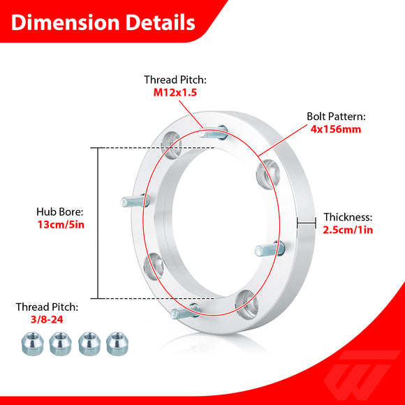 2Pcs 1" 4x156 Wheel Spacers Adapters for Polaris RZR Ranger Ace Sportsman | 6061-T6 Forged Aluminum | Bolt-On