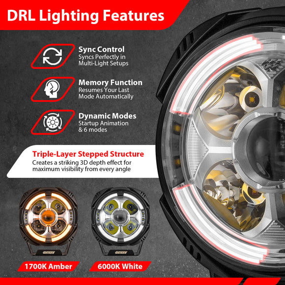 7" LED Pod Lights with DT Wiring Harness Kit – 3-Layer DRL, 6 Dynamic Modes (White & Amber) for Jeeps, Trucks, SUVs, ATVs, UTVs