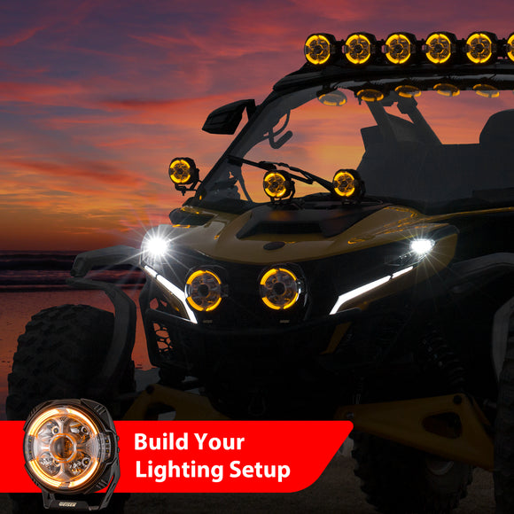 7" LED Pod Lights with DT Wiring Harness Kit – 3-Layer DRL, 6 Dynamic Modes (White & Amber) for Jeeps, Trucks, SUVs, ATVs, UTVs
