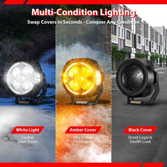 7" LED Pod Lights with DT Wiring Harness Kit – 3-Layer DRL, 6 Dynamic Modes (White & Amber) for Jeeps, Trucks, SUVs, ATVs, UTVs