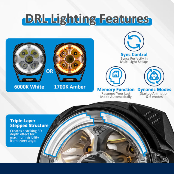 5" LED Pod Lights with DT Wiring Harness Kit – 3-Layer DRL, 6 Dynamic Modes (White & Amber) for Jeeps, Trucks, SUVs, ATVs, UTVs