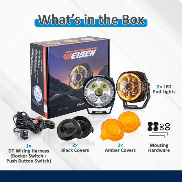 5" LED Pod Lights with DT Wiring Harness Kit – 3-Layer DRL, 6 Dynamic Modes (White & Amber) for Jeeps, Trucks, SUVs, ATVs, UTVs