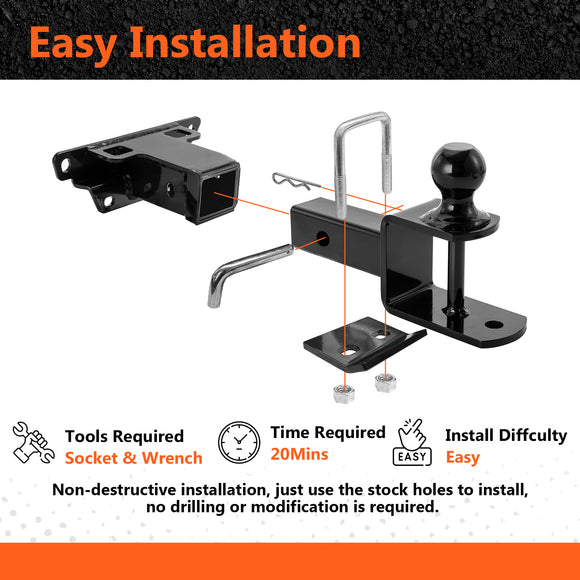 2020-2025 Kawasaki Teryx KRX 1000 UTV Rear Receiver Hitch Kit w/ 2-Inch Trailer Hitch 3-in-1 Ball Mount 5/8" Lock Pin Tightener