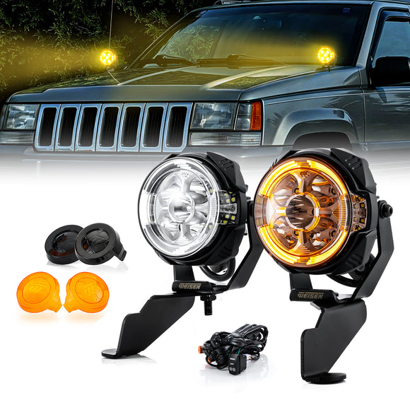 For 1993-1998 Jeep Grand Cherokee ZJ Hood Hinge Ditch LED Pod Lights 3.5" – 3-Layer DRL, 6 Modes, DT Harness