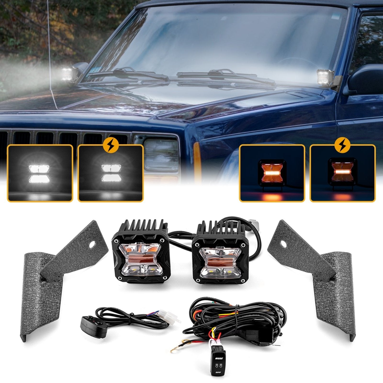 1984 - 2001 Jeep Cherokee XJ 4WD/2WD A Pillar 3" White & Amber Strobe LED Light Pod Kit - Weisen