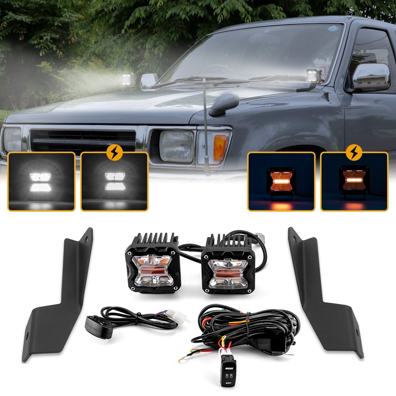 1989 - 1995 Toyota 4Runner Pickups Hood Hinge 3" White & Amber Strobe LED Ditch Light Pod Kit - Weisen