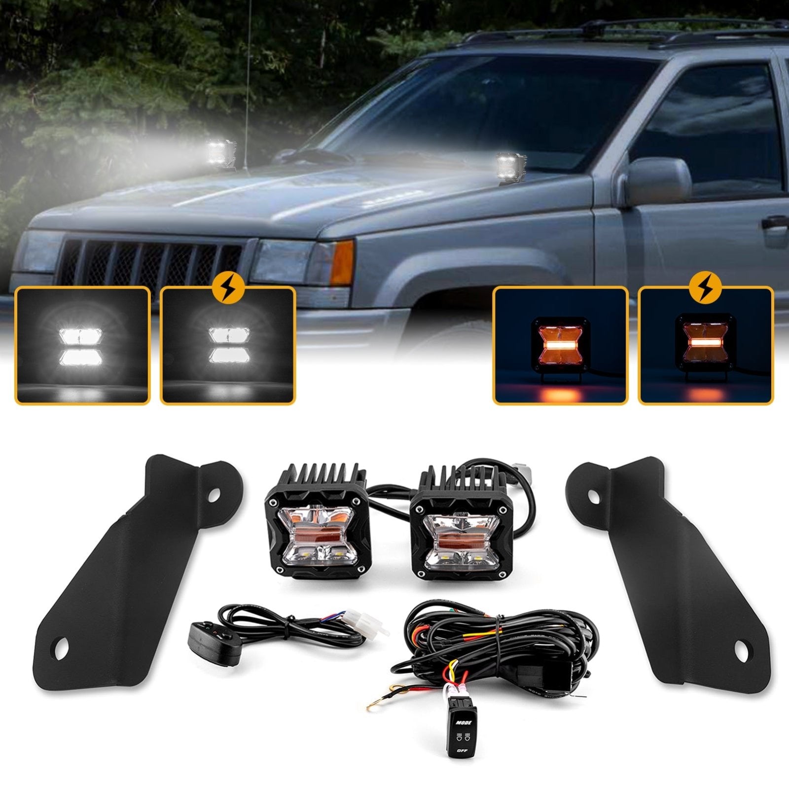 1993 - 1998 Jeep Grand Cherokee ZJ 4WD/2WD Hood Hinge 3" White & Amber Strobe LED Ditch Light Pod Kit - WeiSen - 70104020+70201007