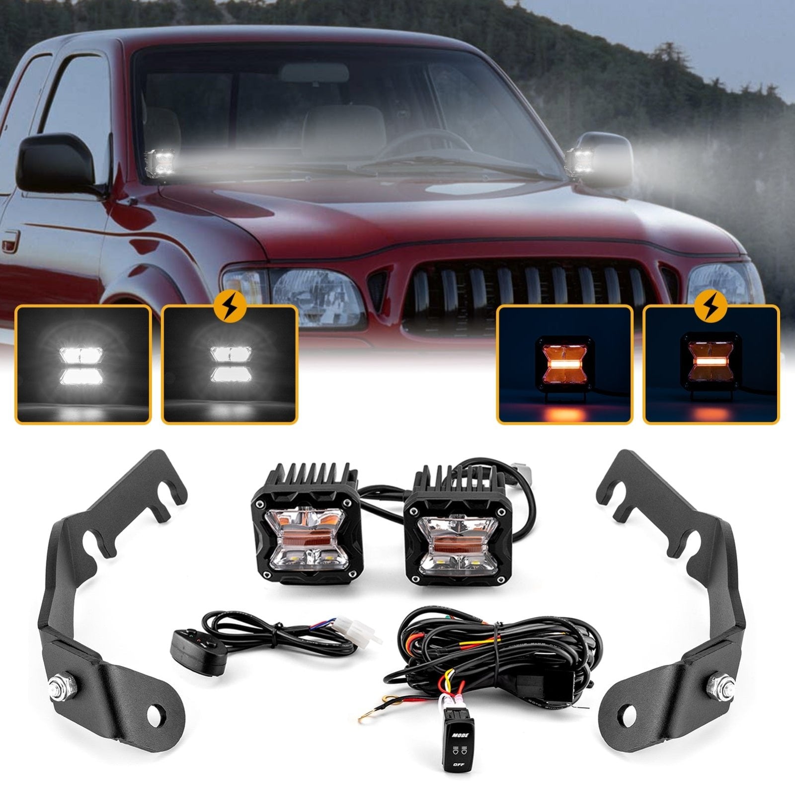 1995 - 2004 Toyota Tacoma Hood Hinge 3" White & Amber Strobe LED Ditch Light Pod Kit - Weisen