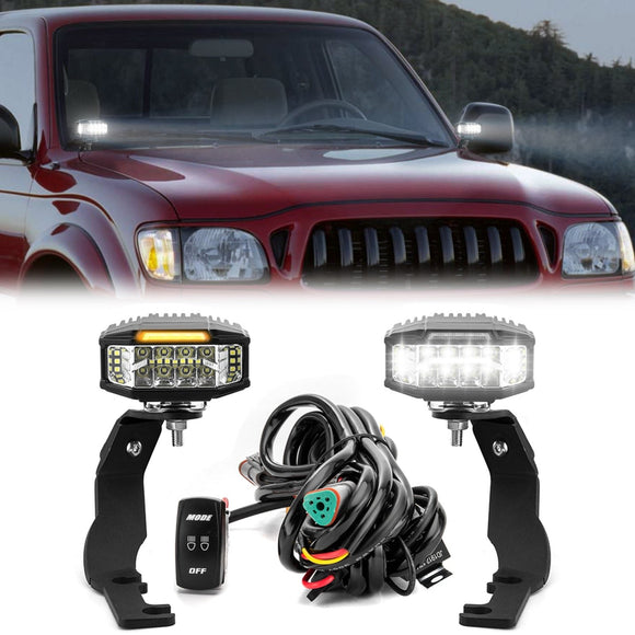 1995 - 2004 Toyota Tacoma White&Amber Strobe 3.5 Inch LED Hood Hinge Ditch Light Pods w/ Wiring Harness Kit - WeiSen - 70104017+70201013