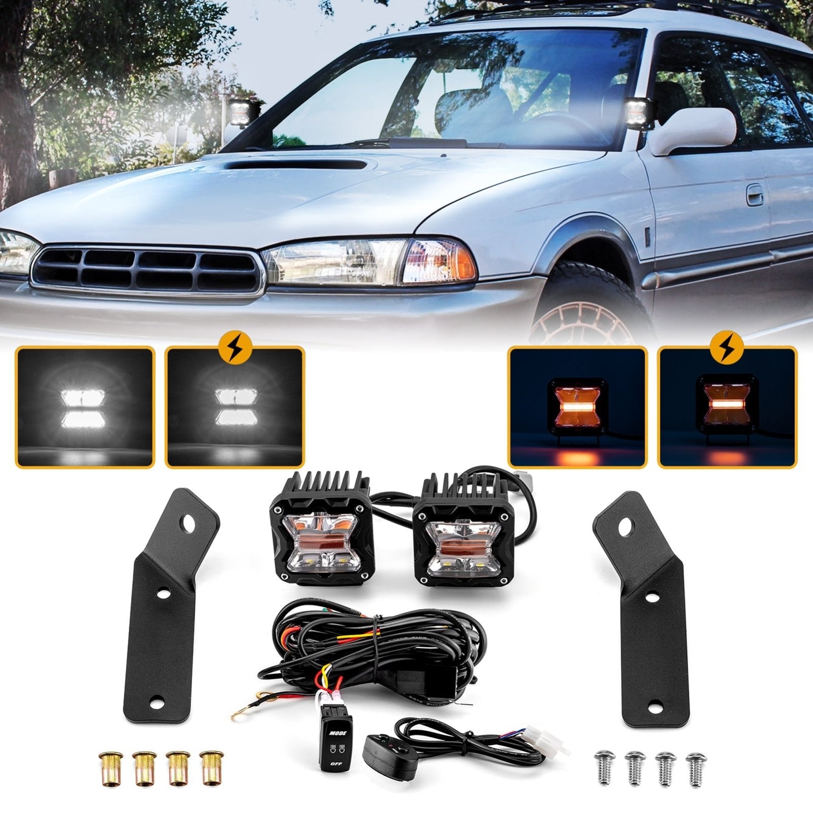 1996 - 1999 Subaru Outback/Legacy A Pillar 3" White & Amber Strobe LED Light Pod Kit - WeiSen - 70104057+70201007