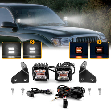 1996 - 2002 3rd Gen Toyota 4Runner Hood Hinge 3" White & Amber Strobe LED Ditch Light Pod Kit - WeiSen - 70104030+70201007