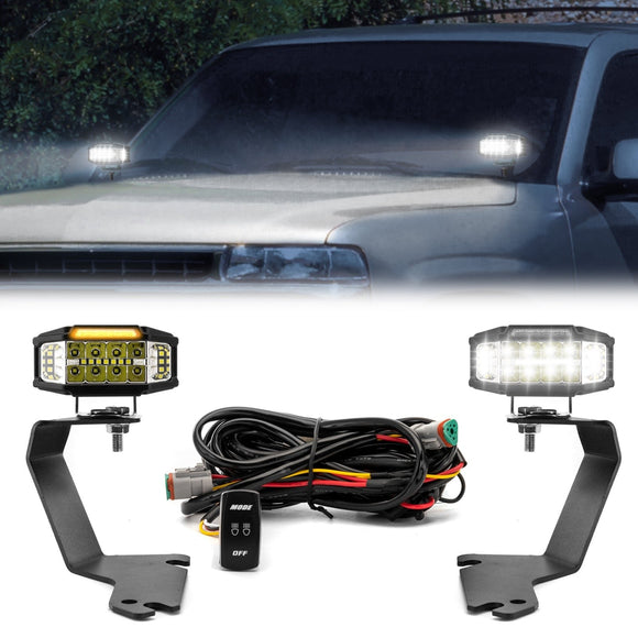 1999 - 2006 Chevrolet Silverado 1500/1500HD 2500 3500 White&Amber Strobe 3.5 Inch LED Hood Hinge Ditch Light Pods w/ Wiring Harness Kit - WeiSen - 70104028+70201013