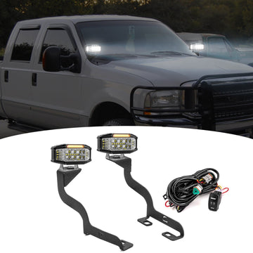 1999 - 2007 Ford Superduty F250/F350/F450/F550 White&Amber Strobe 3.5 Inch LED Hood Hinge Ditch Light Pods w/ Wiring Harness Kit - WeiSen - 70104065+70201013