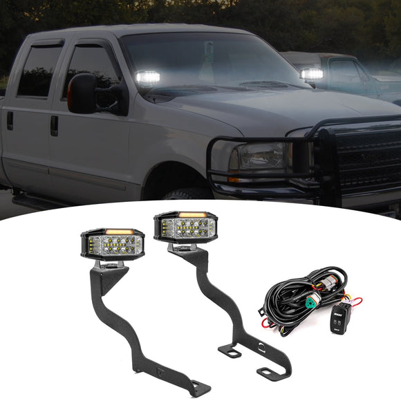1999 - 2007 Ford Superduty F250/F350/F450/F550 White&Amber Strobe 3.5 Inch LED Hood Hinge Ditch Light Pods w/ Wiring Harness Kit - WeiSen - 70104065+70201013