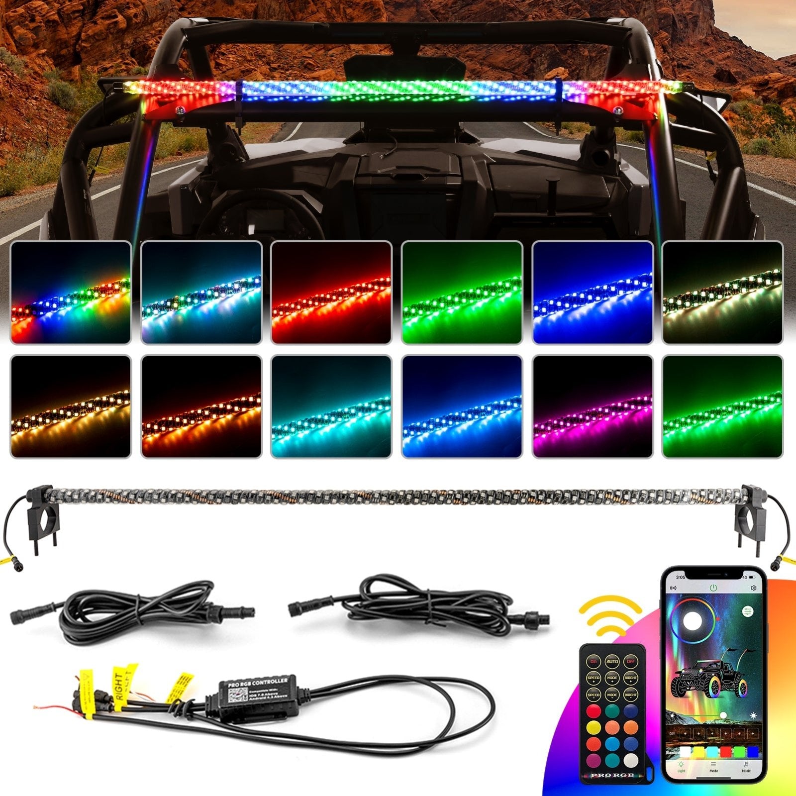 1PC 44" Interior Horizontal Chasing RGB LED Antenna Spiral Whip Light W/ 1.5"-2.0" Clamp | For RZR Can-Am Polaris UTV Jeep Golf Cart Boat - Weisen