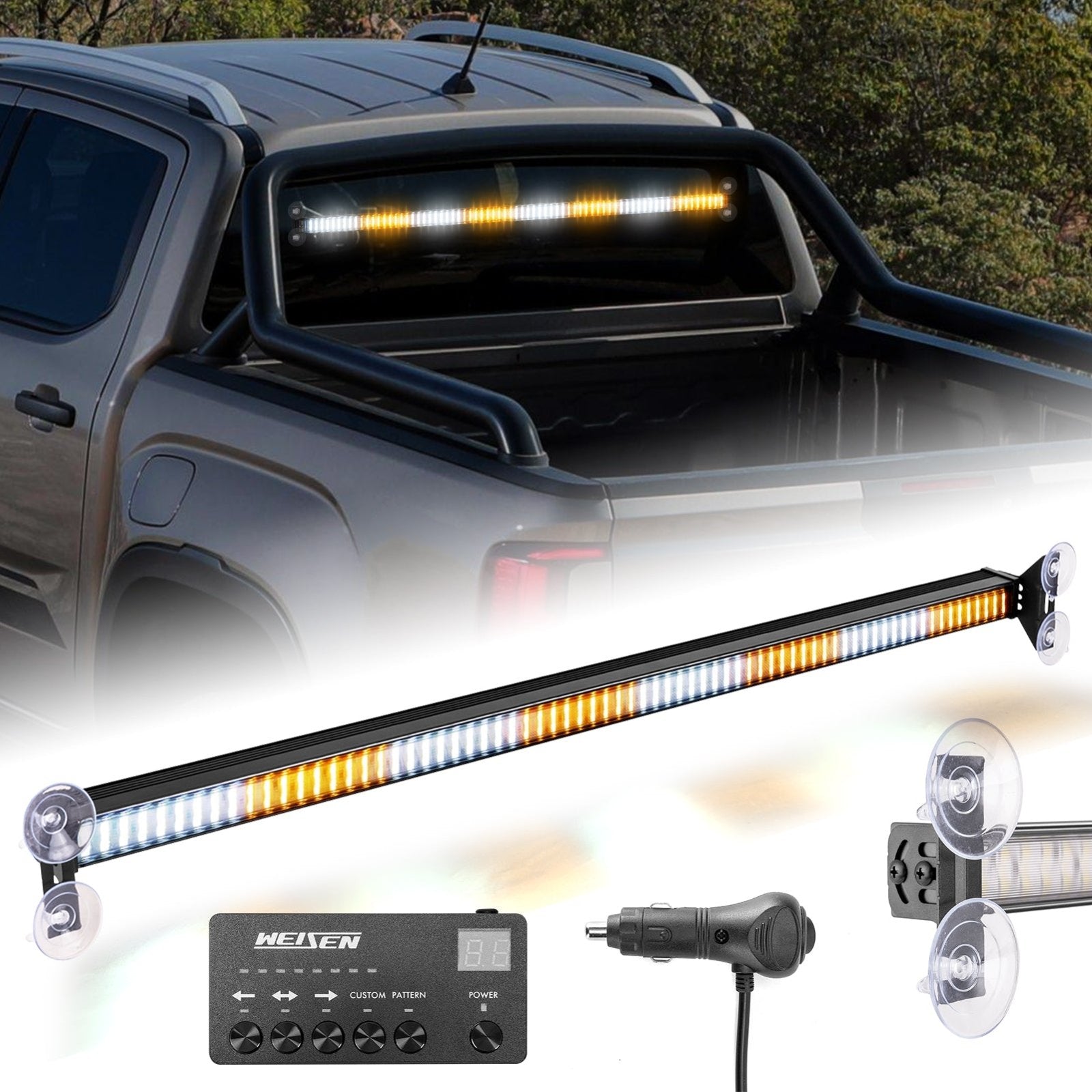 1Pcs 35" Universal Interior Windscreen 144LEDs Amber White Emergency Hazard Warning Strobe Light for SUV Truck Jeep - Weisen