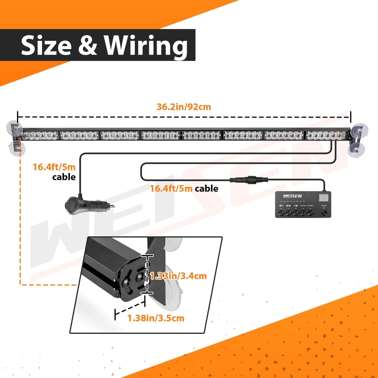 1pcs 35" Universal Interior Windscreen 48LEDs Amber White Emergency Hazard Warning Strobe Light - Weisen