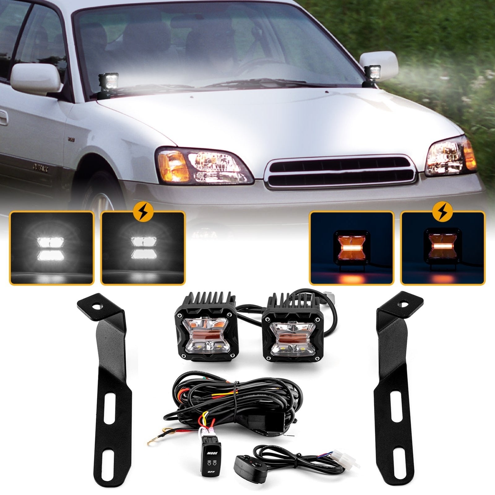 2000 - 2004 Subaru Outback Hood Hinge 3" White & Amber Strobe LED Ditch Light Pod Kit - Weisen